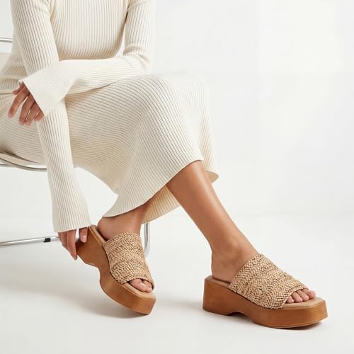 Image of VICKI.VICKI Women's Raffia Platform Sandals, Open Toe Wedge Slides