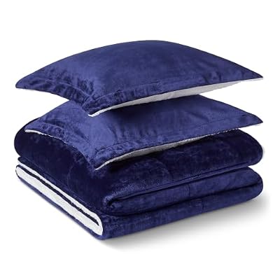 Amazon Basics Reversible Sherpa Comforter Set with Pillow Sham, Navy/White, Queen/Full, Warm Soft Micromink
