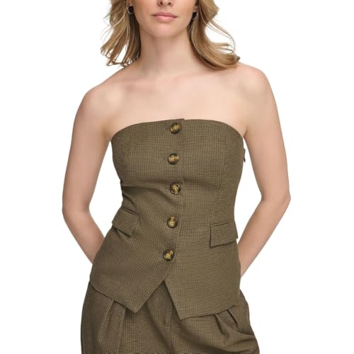 Calvin Klein Womens Houndstooth Button Front Strapless Top Brown 10