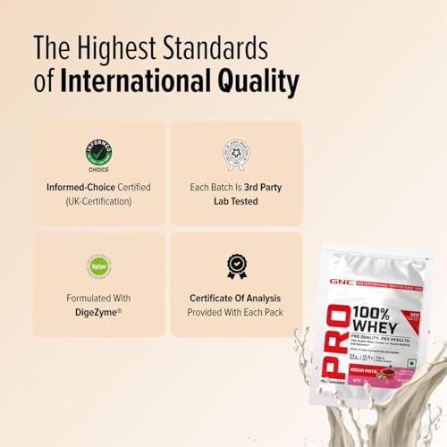 Image of GNC Pro Performance 100% Whey Protein | New Formulation | 24g Protein, 5.7g BCAAs, 12.3g EAAs | Added DigeZyme | Whey Isolate & Concentrate Blend, Low Carb (4.51g), No Added Sugar | Kesar Pista, 35g