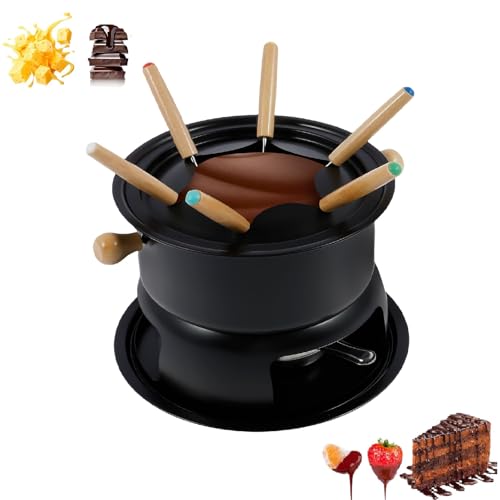 Guniata Juego de tazas de fondue de chocolate,Taza de fondue de chocolate con 6 tenedores,Taza versátil para derretir de acero al carbono,para queso,chocolate,mantequilla y caramelo (negro)