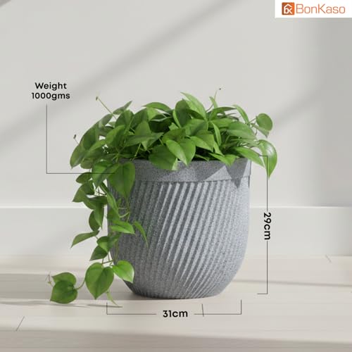 Image of Bonkaso 12 Inch Seltos Ribbed Planter for Indoor & Outdoor Use | Round Heavy Duty Polymer Flower Pot | Lightweight Weather Resistant Modern Gamla for Living Room Balcony & Terrace (Light Grey)