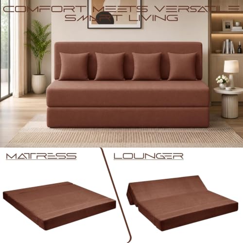 Image of Los Angeles Foldable Four Seater Sofa Cum Bed, Sofa Bed 6 X 6 Feet Jute Fabric Washable Cover Including Four Cushion Perfect for Living Room & Office, Bedroom - Brown Color