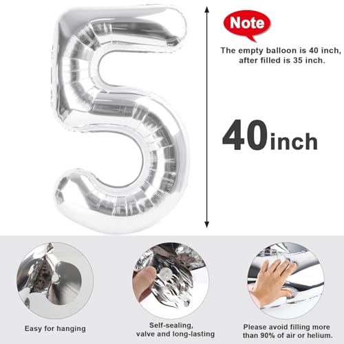 Image of 5 Balloon Numbers Birthday Decorations, 40In Silver Balloons for Men Women | Eye-catching Appearance, Perfect Decorative Centerpieces, Convenient Self-sealing Structure, Widely for Various Occasions