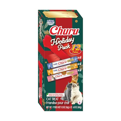 INABA Churu Cat Treats Lickable Squeezable Creamy Pure Cat Treat with Taurine & Green Tea Extract 0.5oz Each Tube 12 Tubes Churu Spoon Holiday Variety Pack