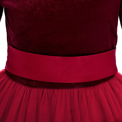 Flower Girl Velvet Dress For Kids Wedding Bridesmaid Formal Party Dress Pageant Long Maxi Prom Gown Princess First Communion Birthday Dance Bowknot Puffy Tulle Dresses Wine Red 13-14 Years #TOP2