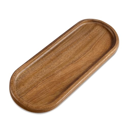 TJ POP Acacia Wood Serving Tray, Wooden Decorative Tray for Coffee Table, Kitchen, Bathroom Counter - Wood Platter for Candles, Perfume, Snacks (11.4 x 4.1 x 0.6 in)