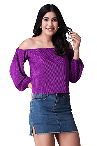 Image of POPWINGS Casual Wrinkle Off Shoulder Crop Top for Women - Designer Stylish Western Full Sleeves