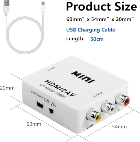 Image of Mini HDMI to AV Converter, 1080P HDMI to RCA CVBS Adapter with USB Power Cable, Video Audio Converter for TV, Projector, DVD, Set Top Box (White)