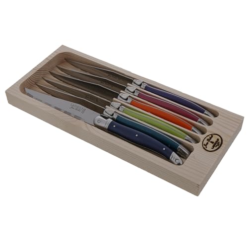 Comparison: Best French Steak Knives 6 Jean Dubost Laguiole 6-Piece Steak Knife Set, Paris Colors Handles - 1.2 mm Blades - Rust-Resistant Stainless Steel - Includes Wooden Tray - Made in France