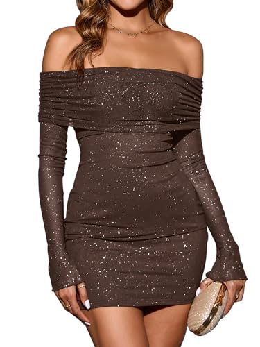 Image of KUTUMAI Sexy Long Sleeve Mini Dress for Women Off Shoulder Bodyocn Party Going Out Dresses for Formal Wedding Guests