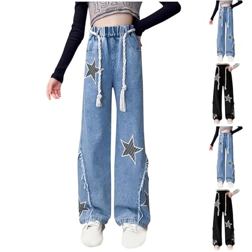 Girls Baggy Jeans Cute Stars Pattern Washed High Rise Elastic Waist Wide Leg Streetwear Denim Pants for Kids 5-16Y2