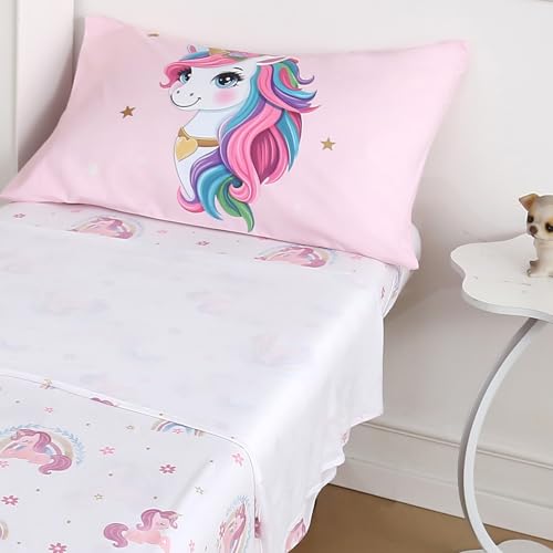 Image of 4 Piece Toddler Bedding Set - Ultra Soft Breathable Toddler Bedding Set for Girls, Includes Quilted Comforter, Flat Sheet, Fitted Sheet and Pillowcase(Unicorn)