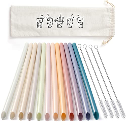 [Angled Tips] 12 Pcs Reusable Boba, Smoothie Straws with 4 Brushes & 1 Bag - mm Wide Jumbo Colored BPA FREE Food-Grade Plastic for Bubble Tea(Tapioca, Boba Pearls), Milkshakes