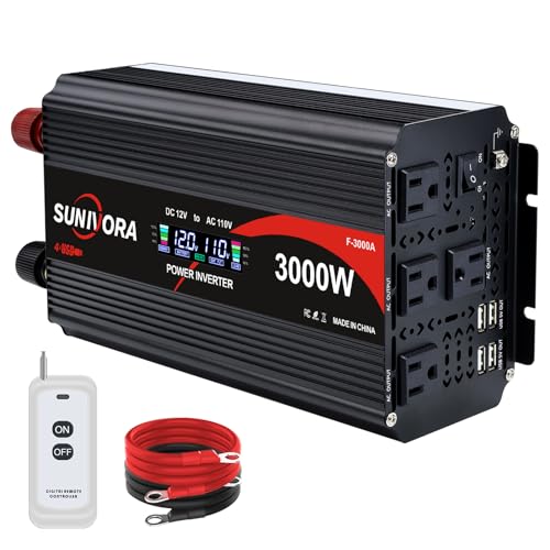 Sunivora 3000 Watt Inverter with LCD & Remote Control 12V DC to 110V/120V AC 60HZ Power Converter 6000W(Peak) with 4 Sockets & 4 USB Ports Power Inverters for Vehicles RV Truck Camping