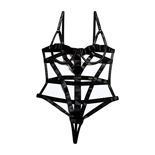 Body Sexy à Nouer pour Femme Lingerie Nuisette découpée Une pièce Justaucorps à Bretelles évidées (Le Noir,L)