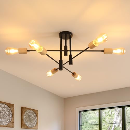 Comely Plafoniera Vintage E27, Lampadario Soffitto Industriale Forme DIY, Nero Plafoniera Soffitto Retro 6 Teste in Legno per Camera da letto, Corridoio, Cucina, Caffè
