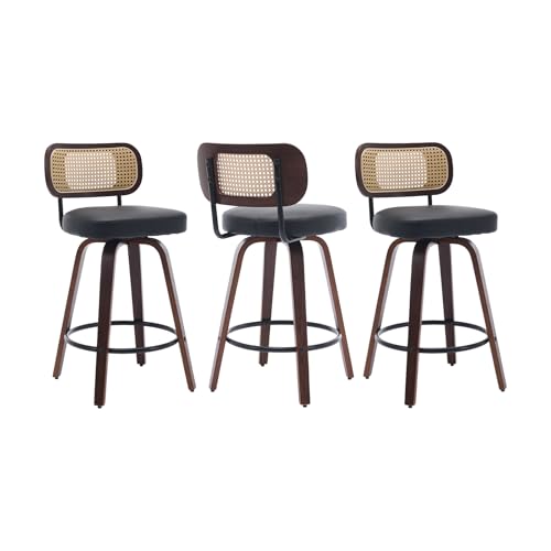 Image of Swivel Counter Height Bar Stools Set of 3, 26 inch Bar Chairs with Curved Rattan Back, Upholstered PU Leather, Walnut Craftsmanship, Mid Century Modern Counter Stools for Kitchen Counter, Black