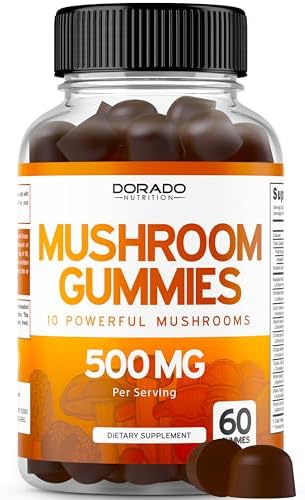 Mushroom Gummies 10 in 1 Blend (60 Gummies with Lions Mane, Cordyceps, Reishi & More Functional Mushrooms) Focus & Brain Gummy Mushroom Supplement – Vegan Safe & Third Party Tested – USA Made