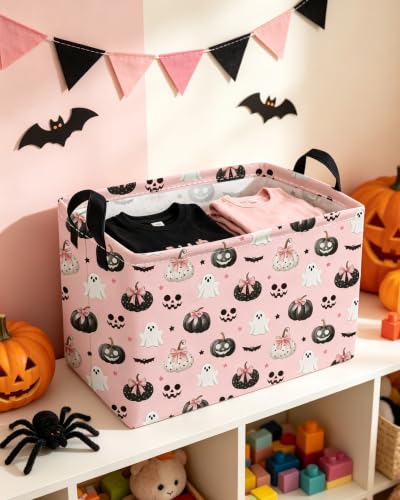Image of Essme Rectangular Halloween Baskets,Ghost Storage Box,Cute Basket for Kids with Handles for Room Decor, Book Bins,Shelf Basket.(Bow Ghost)