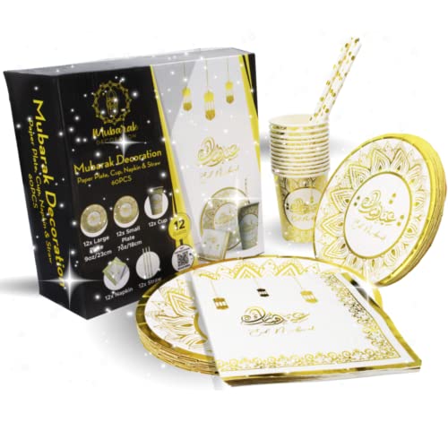 EID MUBARAK Décoration – Kit Vaisselle Jetable – 60 PCS – 12x Grande Assiette, Moyen Plat, Gobelets, Pailles et Serviettes (OR GOLD)