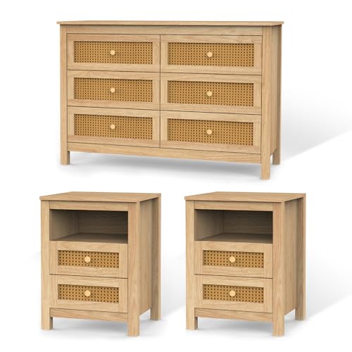 CATMIX Farmhouse Bedroom Set, 3 Pieces Bedroom Furniture Set, Rustic Wood 6 Drawer Dresser and Nightstands, Chest of Drawers Wide Storage Organizer Cabinet for Bedroom, Light Rustic Naturanl