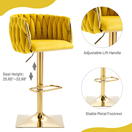 Modern-Velvet-Swivel-Bar-Stools-Hand-Woven-Backrest-Comfy-Adjustable-Counter-Height-Barstools-with-Gold-Square-Base-for-Counter-Kitchen-Island-Cafe-Pub-Set-of-4-Mustard Modern Velvet Swivel Bar Stools Hand Woven Backrest Comfy Adjustable Counter Height Barstools with Gold Square Base for Counter Kitchen Island Cafe Pub Set of 4 Mustard