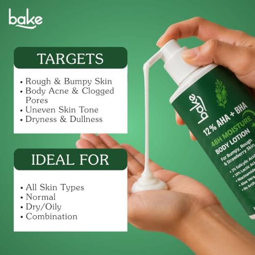 Image of BAKE 10% AHA + 2% BHA Body Lotion for Strawberry Legs | Lactic Acid & Niacinamide | 48H Moisture, Lactic Acid & Salicylic Acid Lotion for Rough & Bumpy Skin | 300ml
