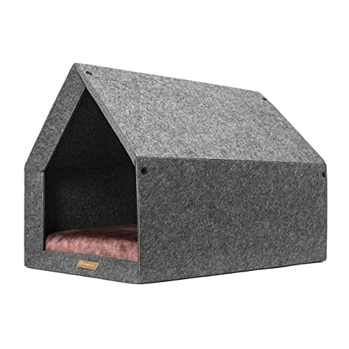 Rexproduct - PetHome Hundehütte mit Liegefläche und Dach I Biss- und Kratzfest I Gute Schalldämmung I Umweltfreundlich & Einfach zu Montieren I Größe S (60x42x43 cm) - Dunkelgrau und Rot