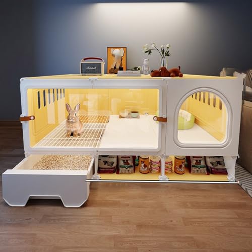 Meerschweinchenkäfig mit Transparenter Tür, Ausziehbarer Schublade und Komplettem Zubehör (Grasnest, Grasraufe, Tränke) Lebensraum für Kleintiere Im Innenbereich, Einfacher Aufbau(Yellow)