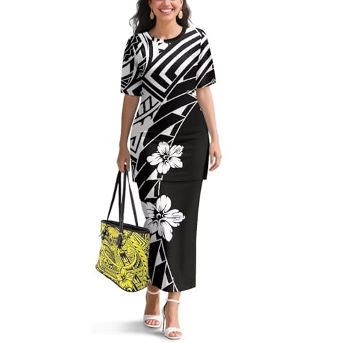 Image of Puletasi Samoan Traditional 2 Piece Outfits for Women Short Sleeve Crop Top and Maxi Skirt Sets Puletasi Dress