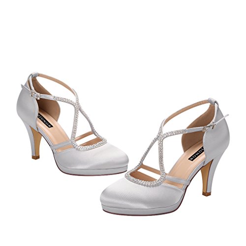 Image of ERIJUNOR Women Comfort Low Heel Closed-Toe Ankle Strap Platform Satin Bridal Wedding Shoes