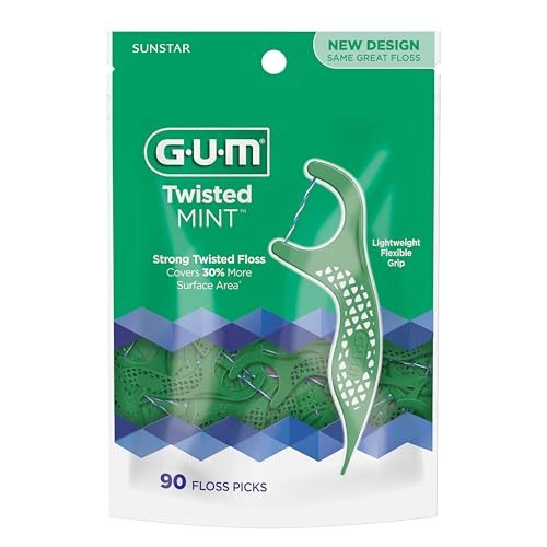 Image of GUM Twisted Mint Dental Floss Picks, Twisted Threads with Shred-Resistant Floss & Easy-Grip Handle, Mint Flavor, 90 Count