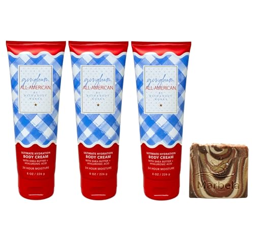 Bath & Body Works Gingham All-American 3 Pack Body Cream Bundle with a Clay Baby Bar Soap - Full Size