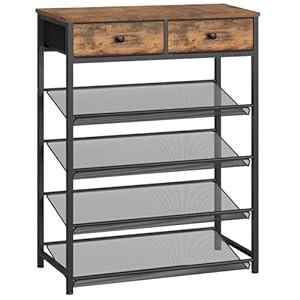 usikey 5 Tier Shoe Rack with 2 Drawers 12 16 Pairs Shoe Storage Organizer with Wooden Top Free Standing Shoe Rack Shelf with Flat Slant Adjustable Metal Shelf for Entryway Closet Rustic Brown