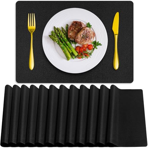 Placemats Set of 12 Washable, Heat Resistant Table Placemats Wipeable Faux Leather Place Mats Non Slip, Waterproof Square Table Mats for Indoor Outdoor, Black