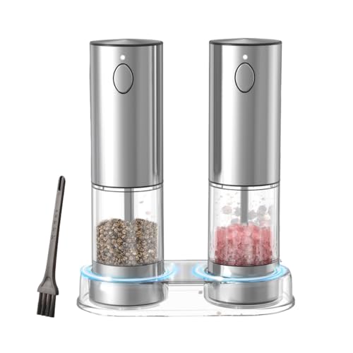 TVT 電動ミル ソルト&ペッパー ミニ【USB-C充電式・2本セット】ペッパーミル 粗さ調節可能 洗いやすい95ml容器 LEDライト付き ステンレスソルト 手軽で使いやすい ソルト/ペッパーなどのスパイスに最適 (D 95ML+95ML)