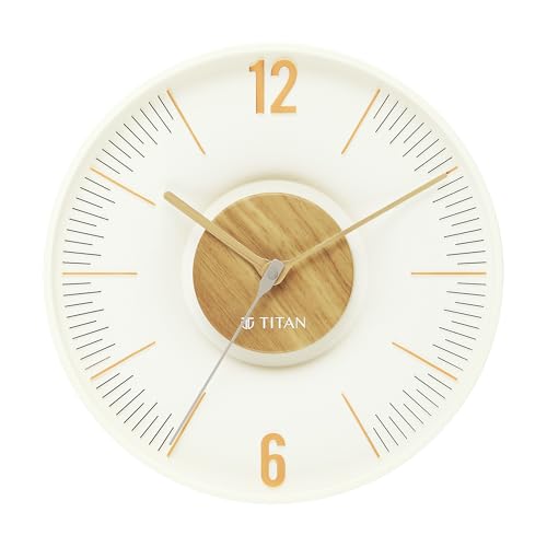 Image of Titan Earth Flare Wall Clock with White Dial & Wood Texture Finish, 3D Raised Indices, Silent Sweep, Model W0093PA01 | 32 cm x 32 cm x 2.7 cm