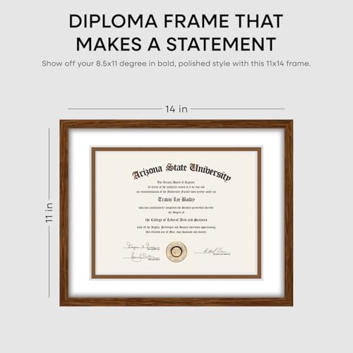 Image of Homeforia 11x14 Diploma Frame Brown Wood, High End Dark Oak 11 x 14 Certificate Frames with Mat 8.5x11, 14x11 Document Matted Frame, Walnut Wooden Graduation Frames, Tempered Glass, Wall Kit, Set of 2