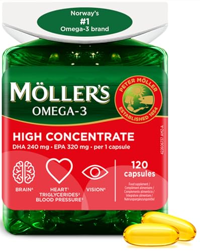Moller’s ® | High Concentrate | Omega 3 | Aceite de pescado de alta concentración | Alta dosis de 3360 mg de EPA+DHA | En triglicéridos | Cerebro, vista, corazón y presión arterial | 120 cápsulas