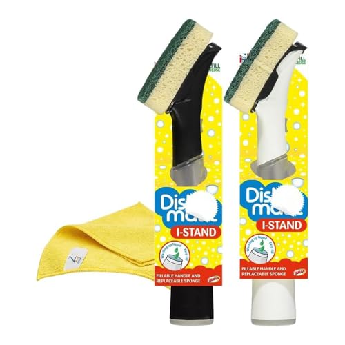 Zopper Dishmatic I-Stand - Set di 2 spazzole per lavare i piatti, con manico, spugne e panno in microfibra, con caratteristiche aggiuntive (il colore può variare), DRS_001