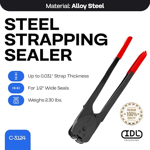 Image of IDL Packaging C-3124 Double-Notched Front-Action Sealer /Crimper for 1 /2 inch Steel Strapping - Durable Tool with Long Handle - Good for Horizontal and Vertical Operation - Heat-Treated Wearing Steel Parts