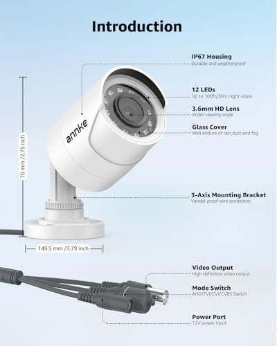 ANNKE 1080p Security Camera 4-in-1 CCTV Bullet Wired Cam, AHD/TVI/CVI/CVBS, Analog Surveillance Video Add–On Cams for Outdoor Use, 100ft Clear B & W Night Vision (Power Adapter BNC Cable Not Included) thumbnail 8