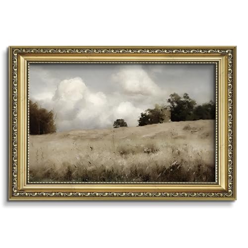 AIMAILON Vintage Canvas Gold Wall Art Framed Decor for Living Room Office Botanical Meadow Wilderness Landscape Retro Artwork Decor Cloud Field Classical Picture Floating Shelf Desktop Picture 12x18