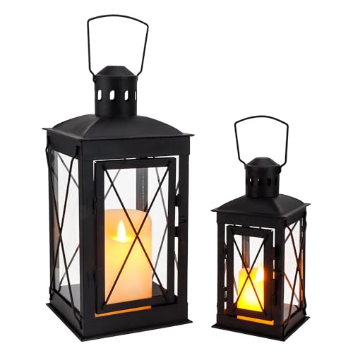 TRIROCKS Set von 2 dekorative Kerze Laterne 30cm & 20cm hoch Metall Kerze Halter hängende Laterne perfekt für Home Decor Patio Wohnzimmer Partys Veranstaltungen Tischplatte drinnen im Freien (Schwarz)
