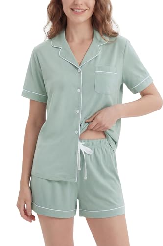 Image of LUBOT 100% Cotton Pajamas for Women 2 Piece PJ Set Button-Down Soft Knit Short Sleeve Summer Sleepwear Loungewear XS-XXL