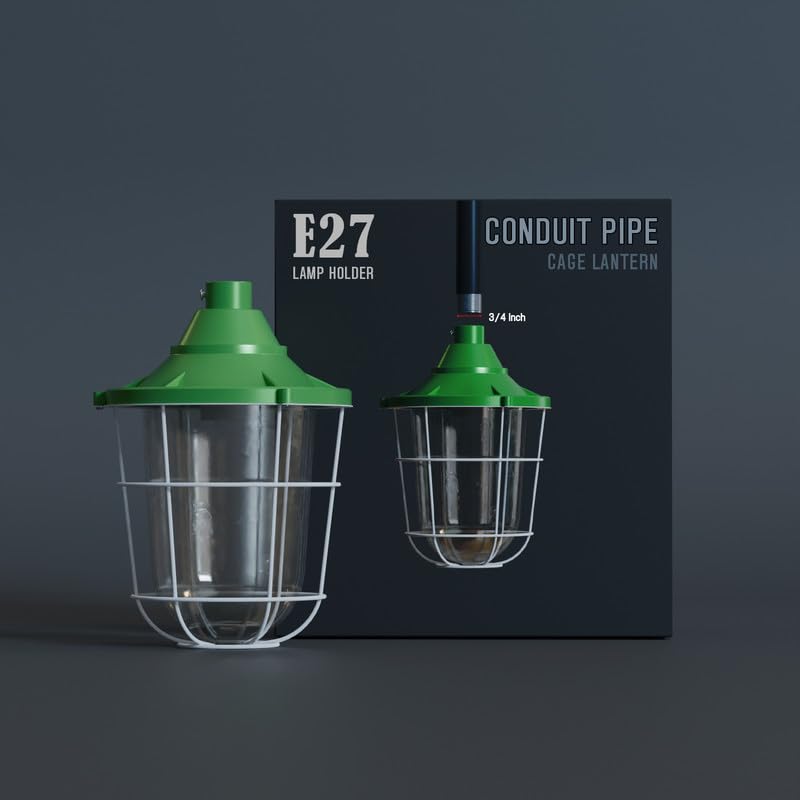 LEDSone Industrial Fisherman Caged Conduit Pipe Light Shade, 3/4" Threaded Entry Wall Lantern with Oval Glass Shade, LED Filament Bulb, Conduit Pipe Ceiling/Wall Lamp Cage Lantern Only-Green