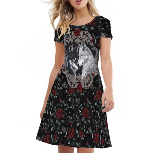 Image of Irisjudy T Shirt Dress for Women Short Sleeve Girls Short Sleeve Dress Plus Size, O Neck Knee Length Midi Dress for Ladies