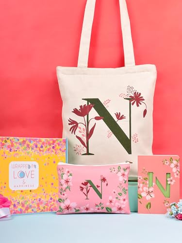 Image of DOODLE Monogram N Diary Gift Set with Tote Bag and Pouch | B6 Soft Bound Ruled Notebook | Stationery Gift Set for Women
