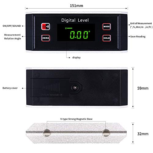 Electronic Inclinometer, Digital Protractor/Level/Angle Finder and Gauge Tools with V-Groove Magnetic Base and Backlight - Dust and Waterproof IP65 Precision Smart Level